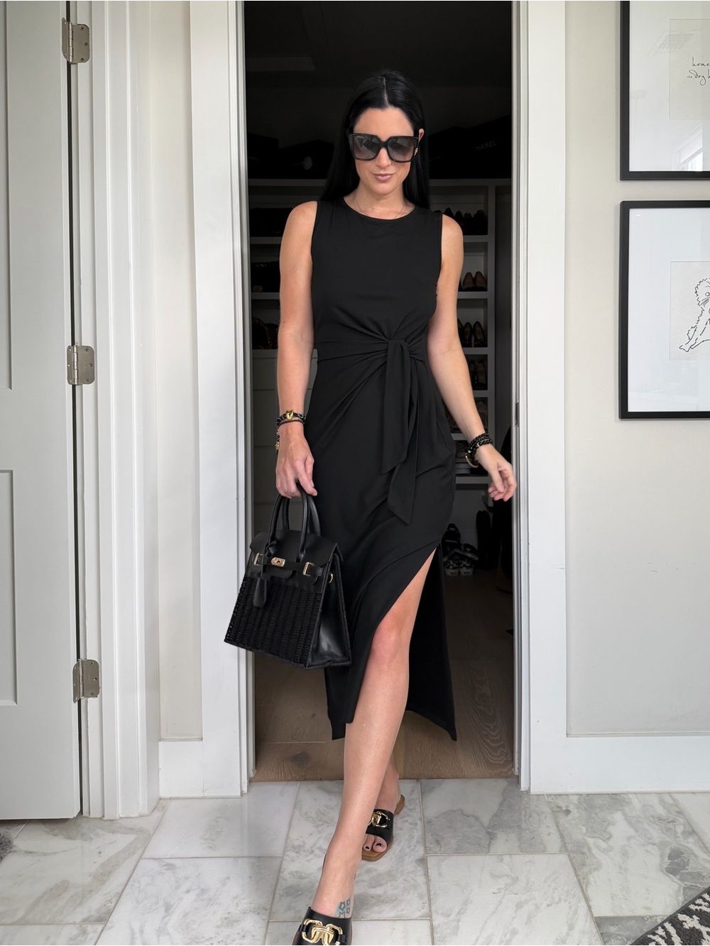 Anrabess Black T-shirt Tie Waist Maxi Dress